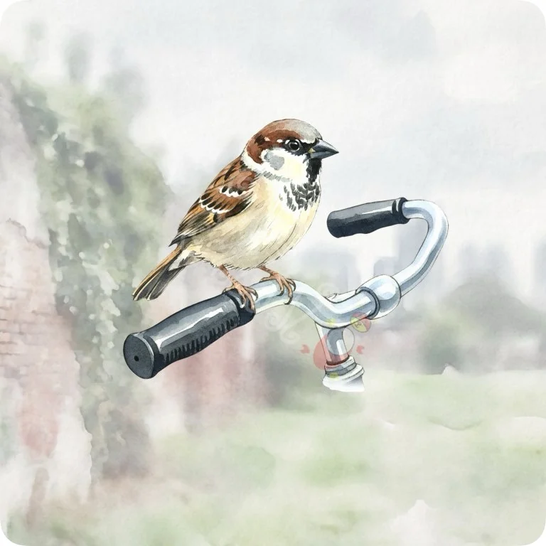Free Sparrow on Bicycle Handlebars PNG | Urban Bird Watercolor Art — Urban Wildlife Watercolor Clipart City Animal PNG watercolor clipart