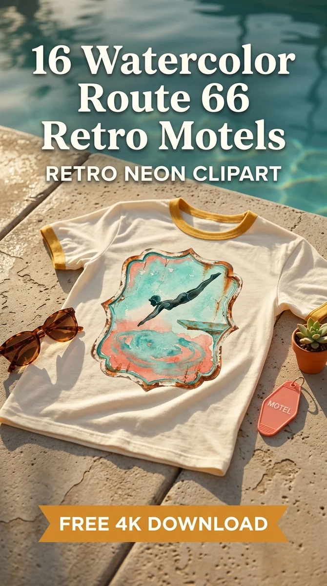 Free Route 66 Retro Pool Sign PNG | Vintage Diving Girl Clipart — Route 66 Retro Neon Clipart Mid Century Modern PNG watercolor clipart