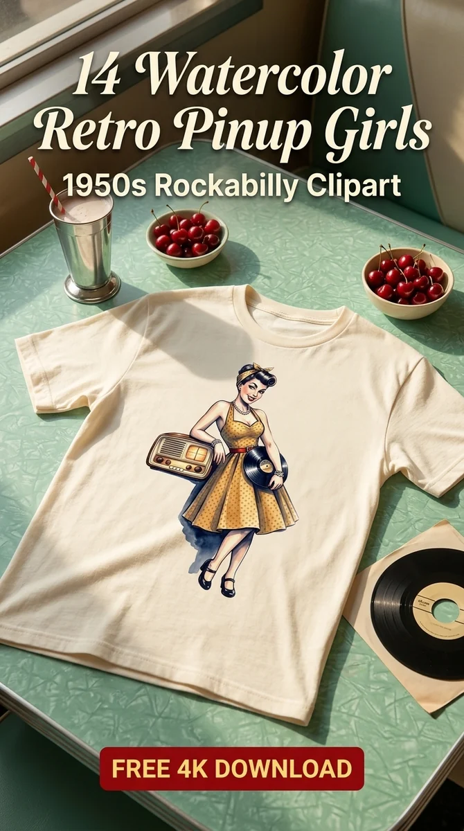 Free Rockabilly Vinyl Clipart PNG | Retro Pinup Girl with Record — Retro Pinup Clipart | 1950s Rockabilly PNG watercolor clipart