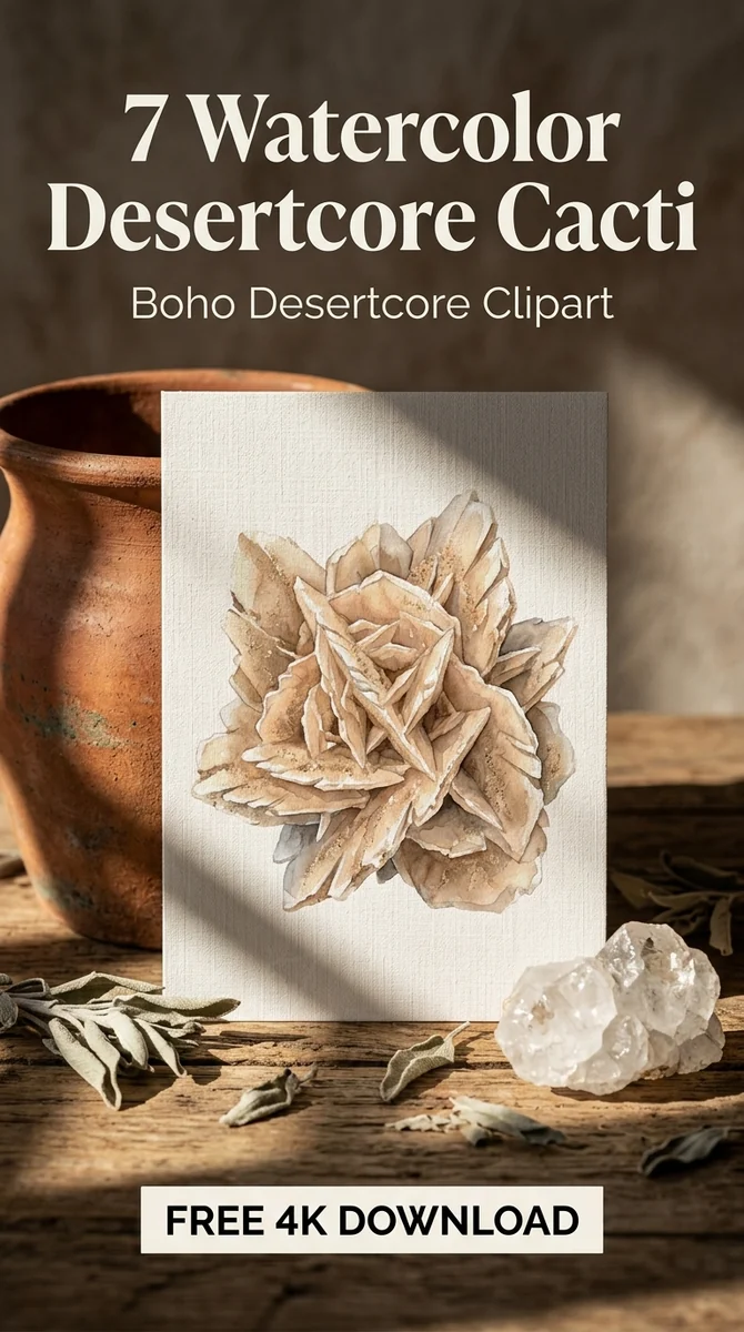Free Boho Desert Rose Crystal PNG | Watercolor Earthy Clipart — Boho Desertcore Cacti Clipart watercolor clipart