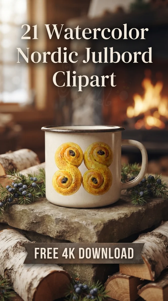 Free Lussekatter Clipart PNG | Swedish Saffron Bun Pastry Art — Nordic Christmas Clipart | Hygge Julbord PNG watercolor clipart