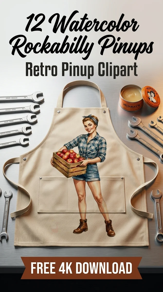 Free Rockabilly Farmer PNG | Vintage Apple Crate Clipart — Rockabilly Pin-Up | Retro Clipart watercolor clipart