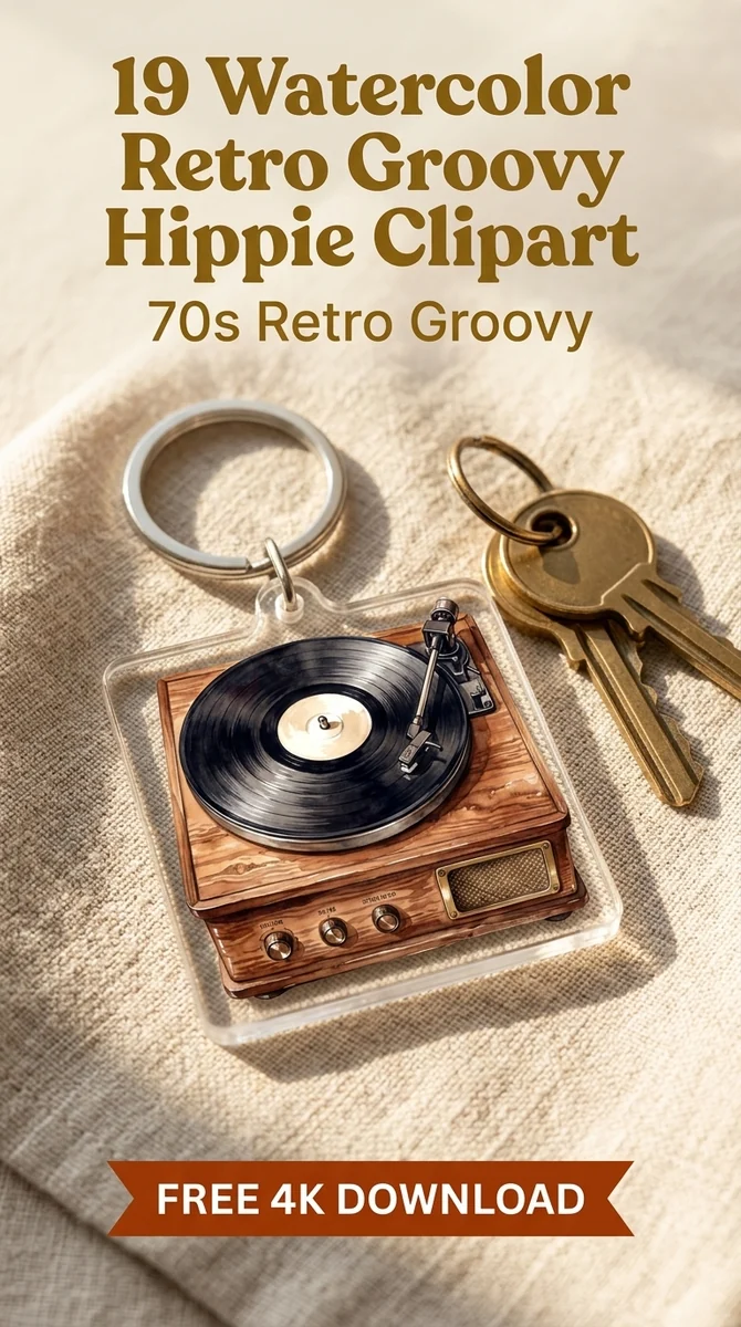 Free Record Player Clipart | Retro Vinyl Turntable PNG — Retro Groovy Clipart | Hippie 70s PNG watercolor clipart