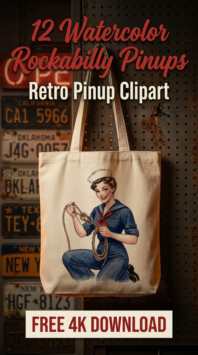 Free Nautical Sailor Pin-Up PNG | Retro 1950s Clipart — Rockabilly Pin-Up | Retro Clipart watercolor clipart