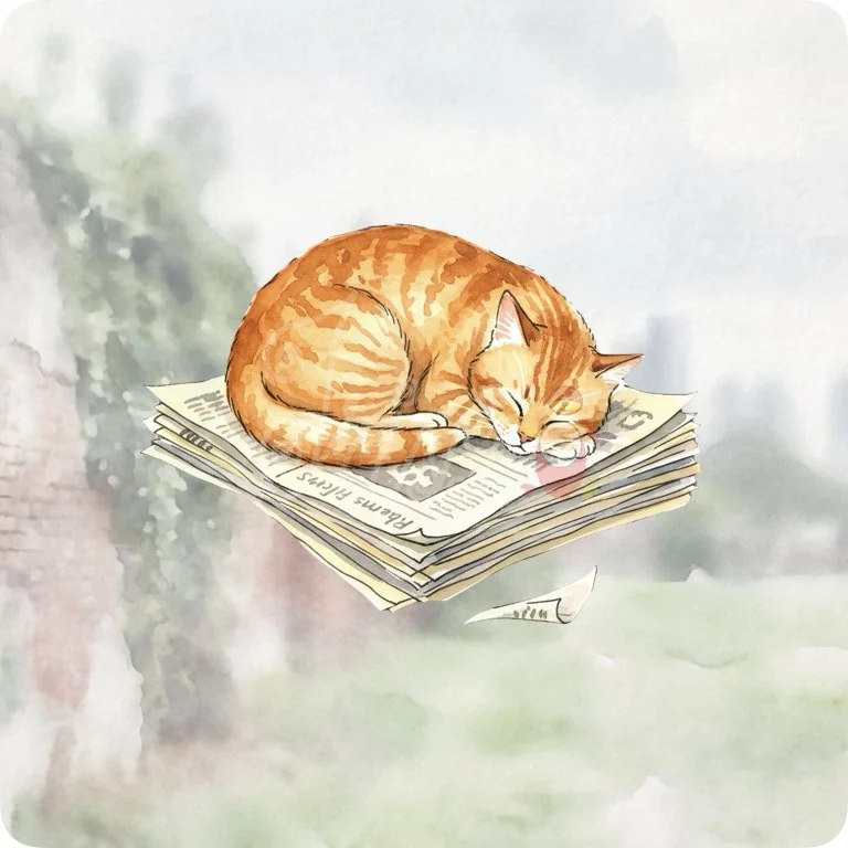 Free Sleeping City Cat PNG | Cozy Tabby Watercolor Clipart — Urban Wildlife Watercolor Clipart City Animal PNG watercolor clipart