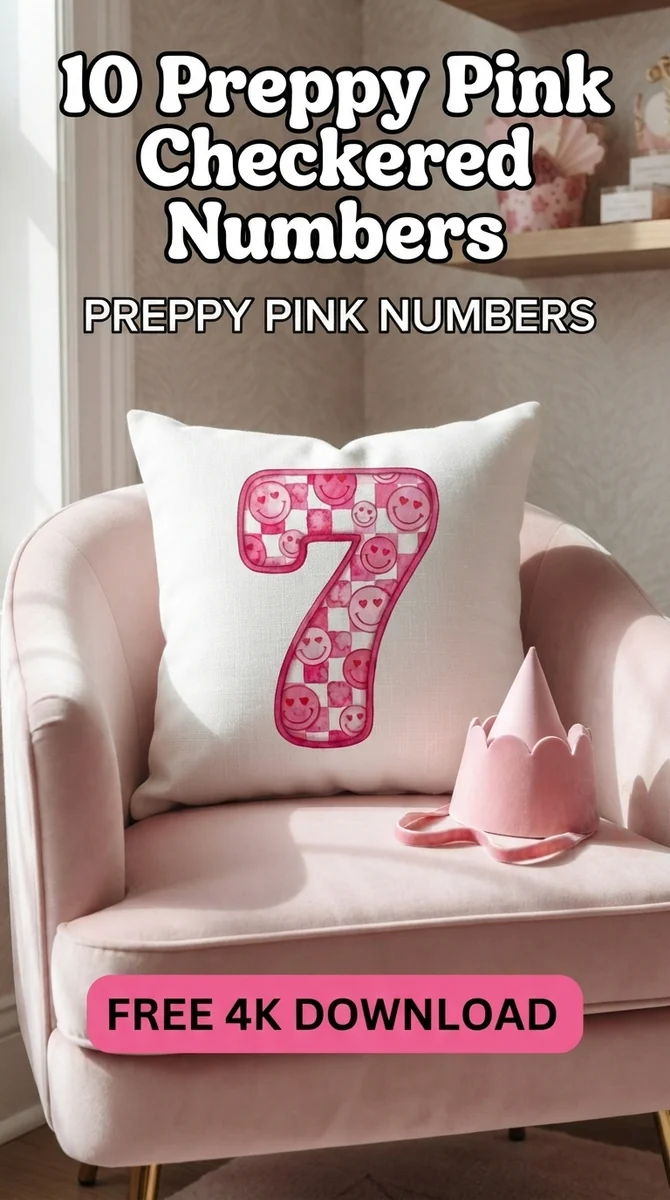Free Retro Pink Number 7 PNG | Preppy Smiley Checkered Clipart — Preppy Pink Checkered Numbers | Y2K Birthday PNG watercolor clipart