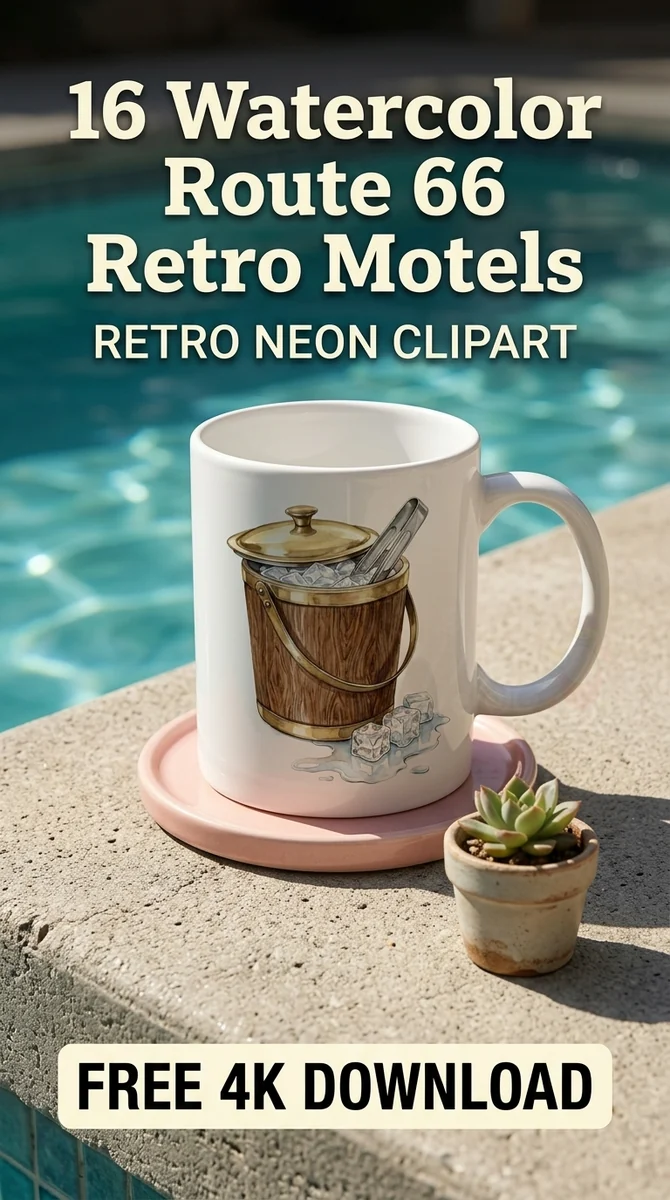 Free Vintage Ice Bucket PNG | Retro Barware Clipart — Route 66 Retro Neon Clipart Mid Century Modern PNG watercolor clipart