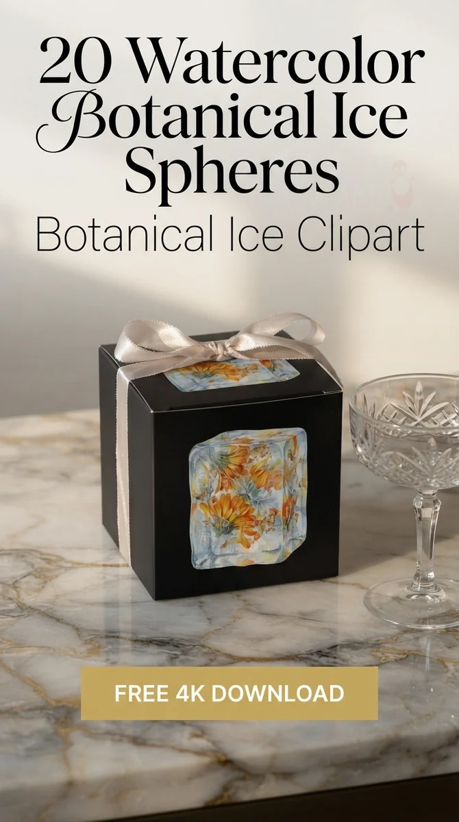 Free Calendula Ice Block PNG | Orange Edible Flower Clipart — Botanical Ice Spheres | Floral Cocktail Clipart watercolor clipart