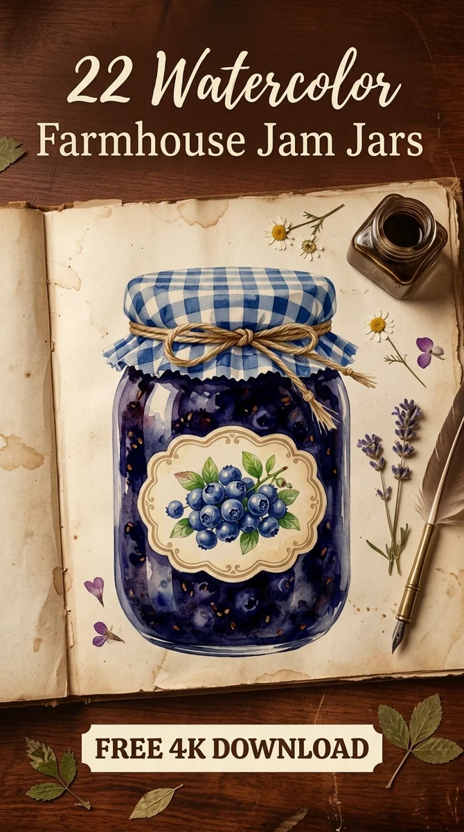 Free Blueberry Compote PNG | Blue Gingham Jam Clipart β Cottagecore Jam Jar Clipart | Rustic Farmhouse PNG watercolor clipart