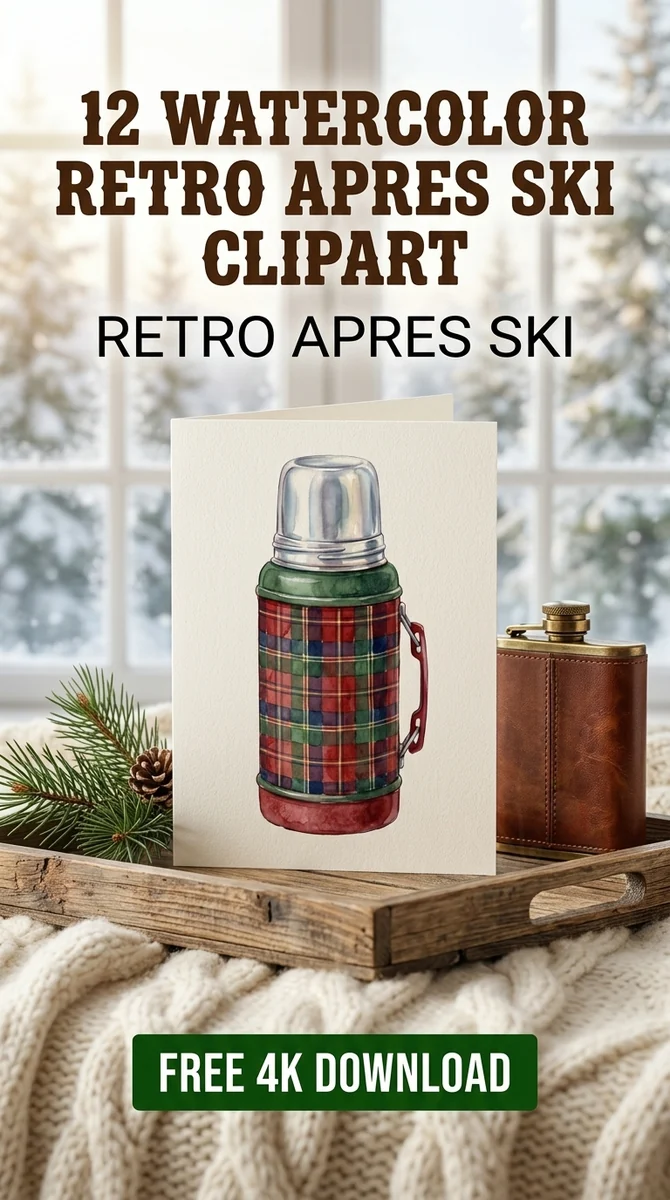 Free Vintage Plaid Thermos PNG | Red & Green Winter Clipart — Retro Apres Ski Clipart Cozy Winter Watercolor PNG watercolor clipart