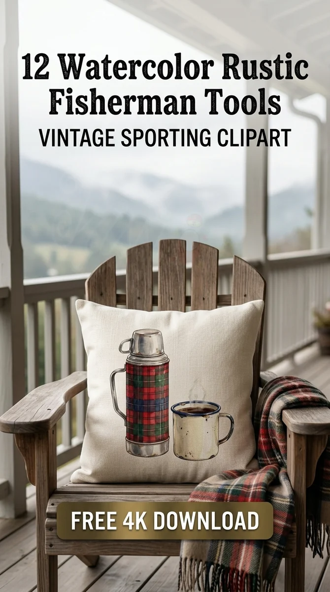 Free Vintage Plaid Thermos PNG | Camping Coffee Clipart — Rustic Fisherman Clipart | Vintage Fishing PNG watercolor clipart
