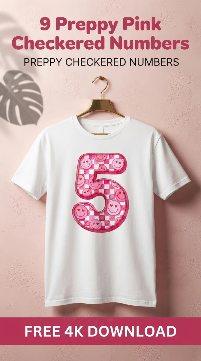 Free Y2K Number 5 PNG | Pink Checkerboard Heart Clipart — Preppy Pink Checkered Numbers | Y2K Birthday PNG watercolor clipart