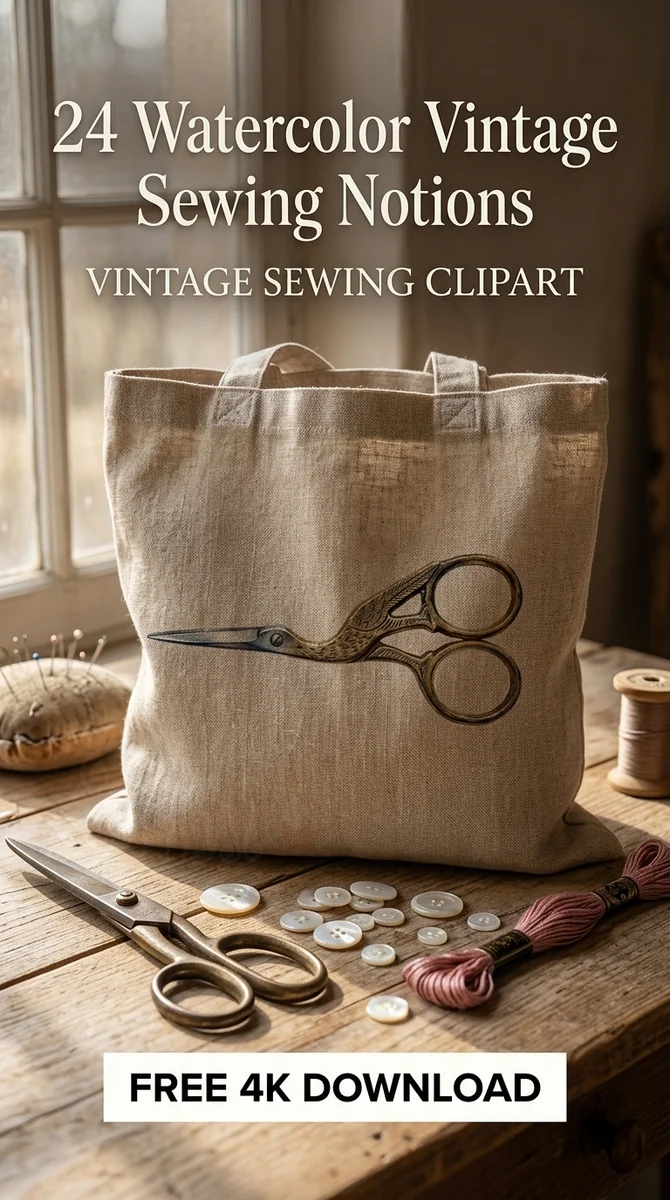 Free Vintage Gold Stork Scissors PNG | Antique Sewing Tool Watercolor Clipart — Vintage Sewing Clipart | Haberdashery PNG watercolor clipart