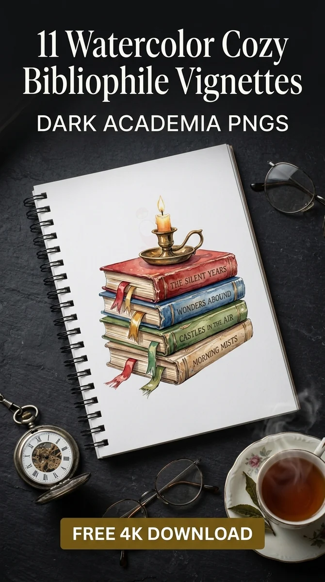 Free Vintage Books and Candle PNG | Watercolor Bookworm Clipart — Cozy Bibliophile Clipart | Dark Academia PNGs watercolor clipart