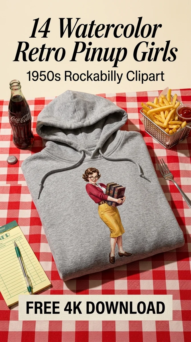 Free Pinup Librarian Clipart PNG | Vintage Retro Book Lover Art — Retro Pinup Clipart | 1950s Rockabilly PNG watercolor clipart