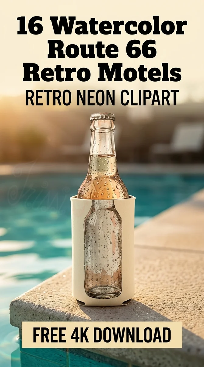Free Glass Bottle Clipart PNG | Retro Water Droplets Illustration — Route 66 Retro Neon Clipart Mid Century Modern PNG watercolor clipart