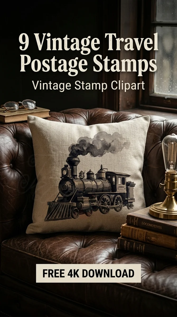 Free Vintage Train PNG | Retro Locomotive Stamp Clipart β Vintage Travel Ephemera | Postage Stamp Clipart watercolor clipart