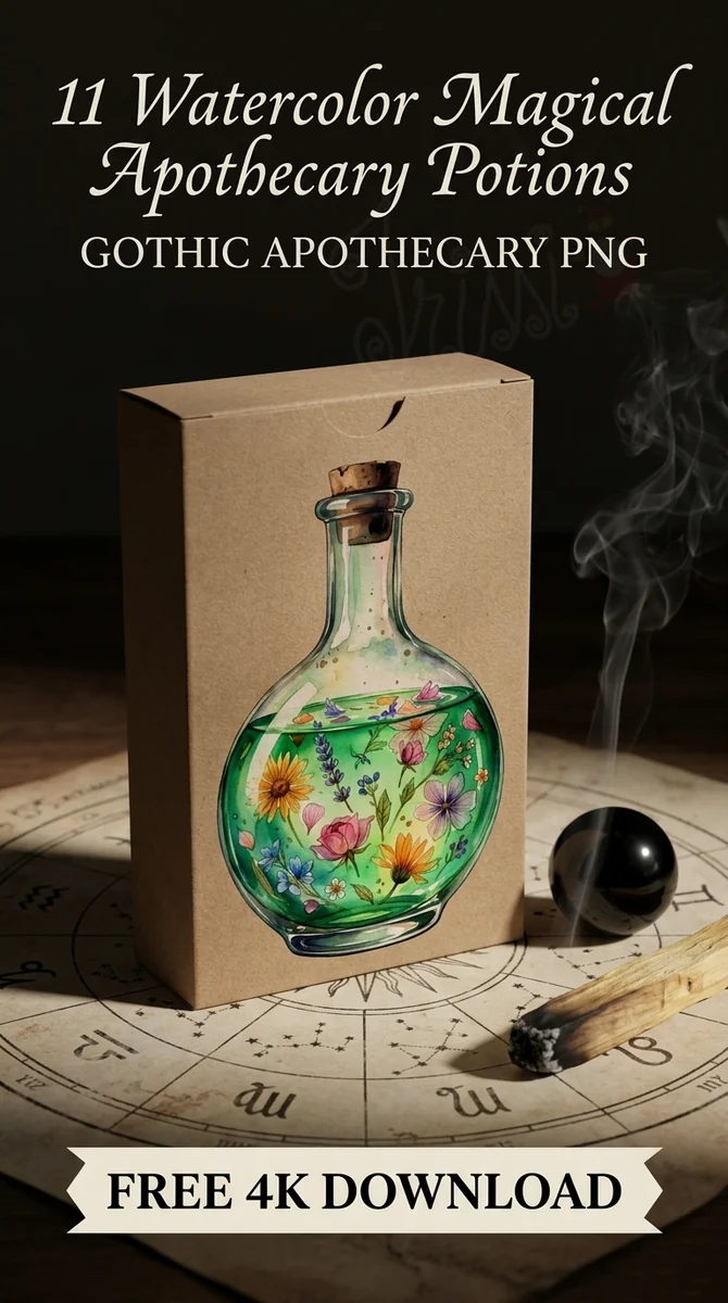Free Druid Brew Clipart | Herbalist Floral Potion Bottle PNG — Dark Academia | Witchy Apothecary Clipart PNG watercolor clipart