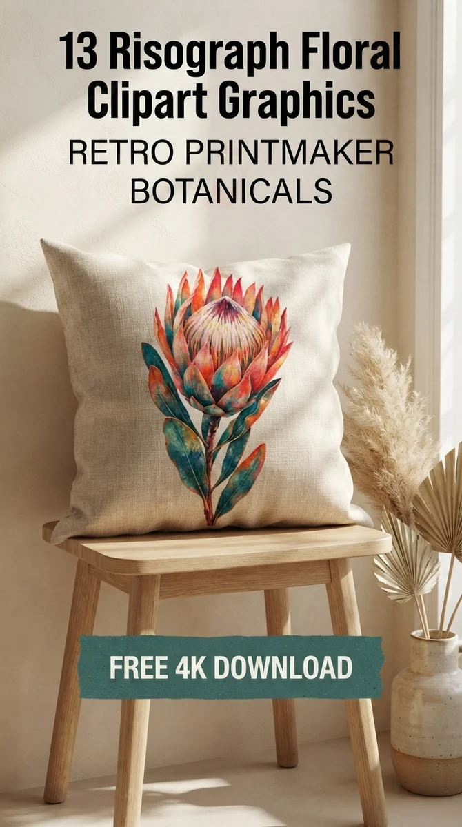 Free Blooming Protea PNG | Risograph Botanical Clipart — Risograph Floral Clipart | Retro Riso Art PNG watercolor clipart