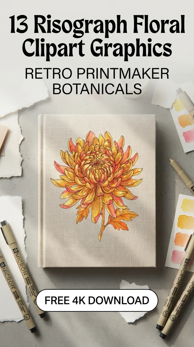 Free Yellow Chrysanthemum PNG | Split Tone Riso Clipart — Risograph Floral Clipart | Retro Riso Art PNG watercolor clipart