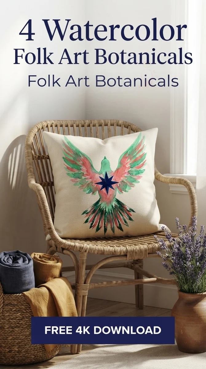 Free Colorful Folk Bird PNG | Watercolor Clipart with Star Symbol — Folk Art Botanicals | Whimsical Floral Clipart PNG watercolor clipart