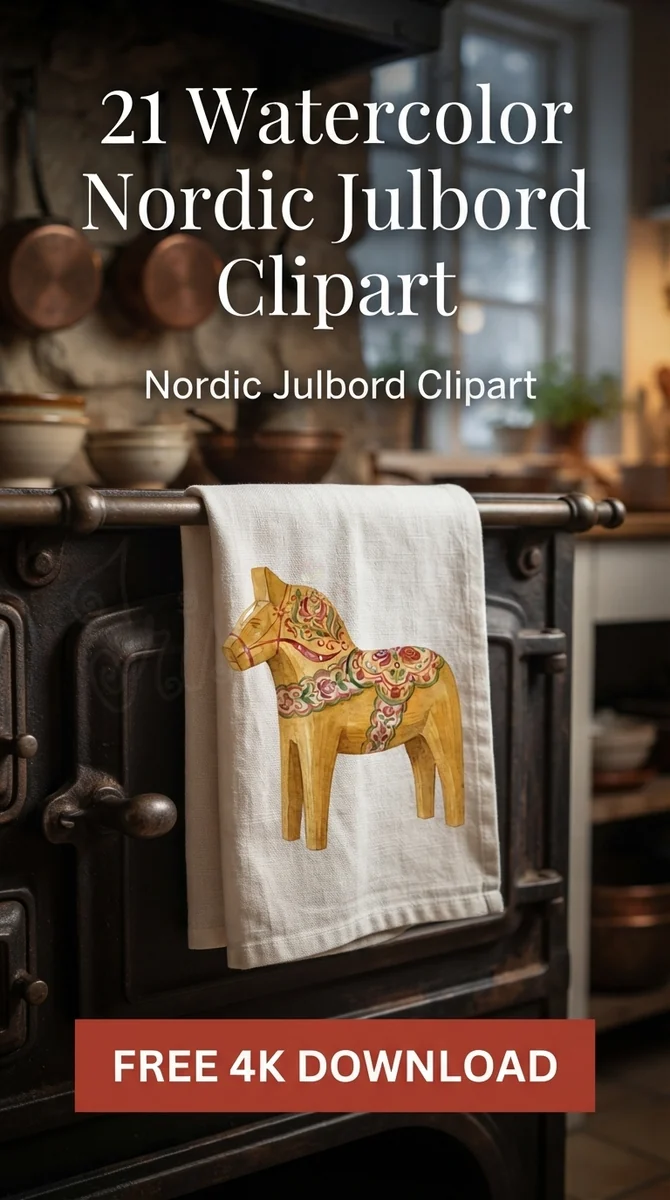 Free Gold Dala Horse PNG | Gilded Swedish Folk Art Clipart — Nordic Christmas Clipart | Hygge Julbord PNG watercolor clipart