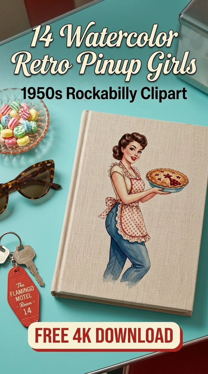 Free Sexy Baker Clipart PNG | Watercolor Retro Kitchen Lady Art — Retro Pinup Clipart | 1950s Rockabilly PNG watercolor clipart