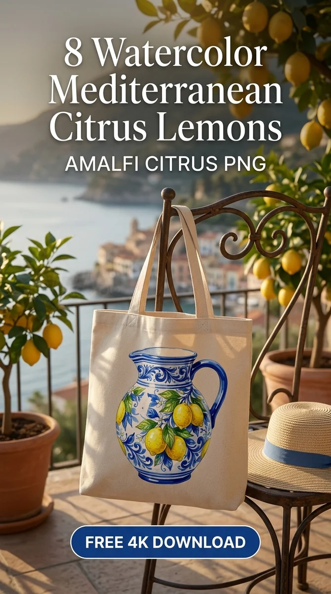 Free Majolica Pitcher Clipart PNG | Blue and White Lemon Jug โ Mediterranean Citrus | Amalfi Lemon Clipart PNG watercolor clipart