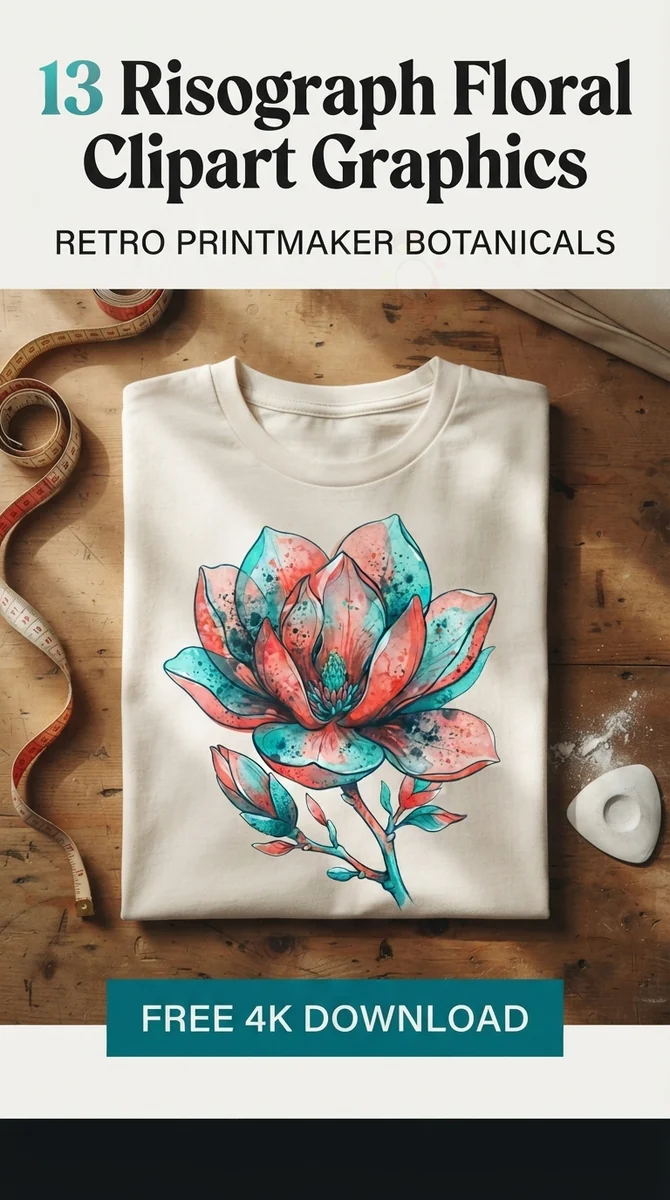 Free Red & Teal Flower PNG | Risograph Botanical Clipart — Risograph Floral Clipart | Retro Riso Art PNG watercolor clipart