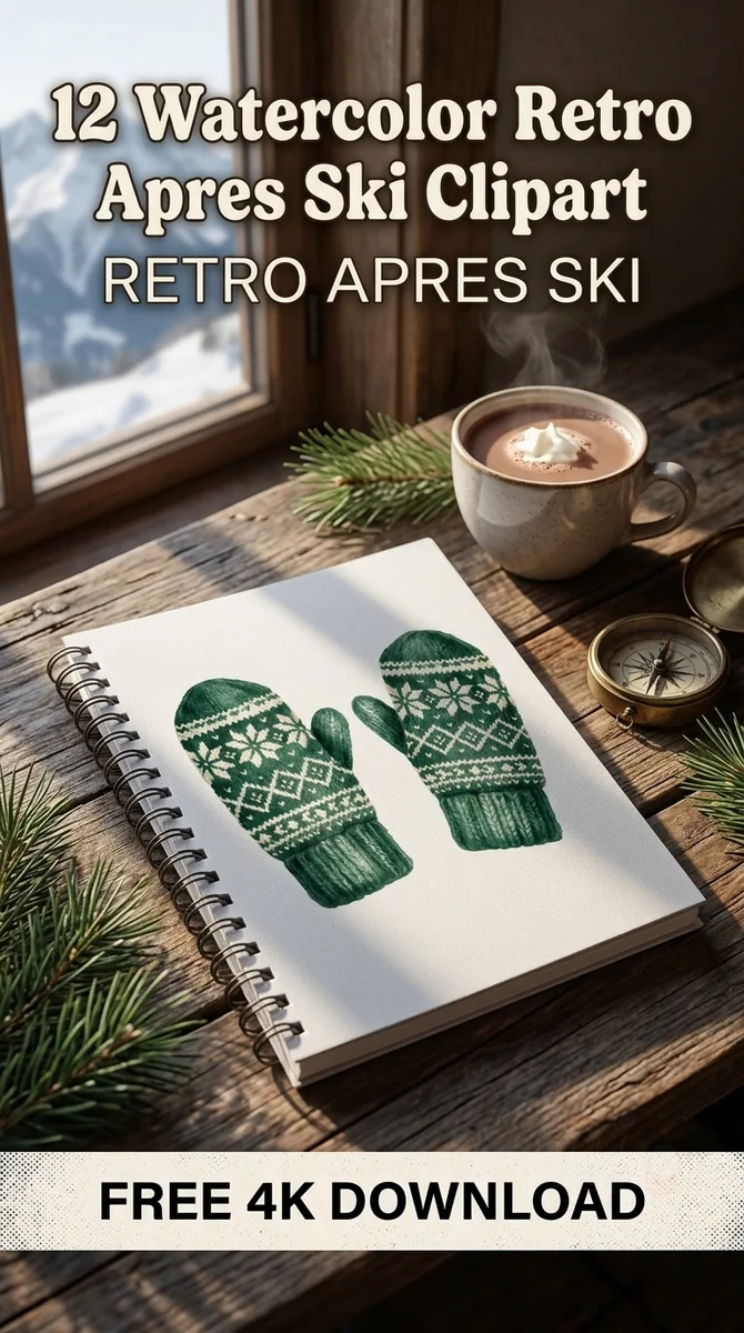 Free Fair Isle Mittens PNG | Green Knit Winter Gloves Clipart — Retro Apres Ski Clipart Cozy Winter Watercolor PNG watercolor clipart