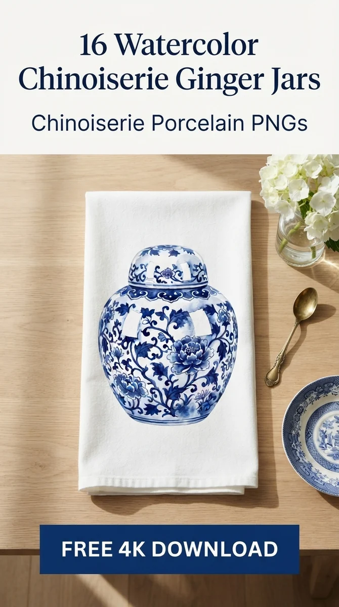Free Blue Peony Ginger Jar PNG | Chinoiserie Porcelain Clipart — Grandmillennial | Chinoiserie Clipart PNGs watercolor clipart