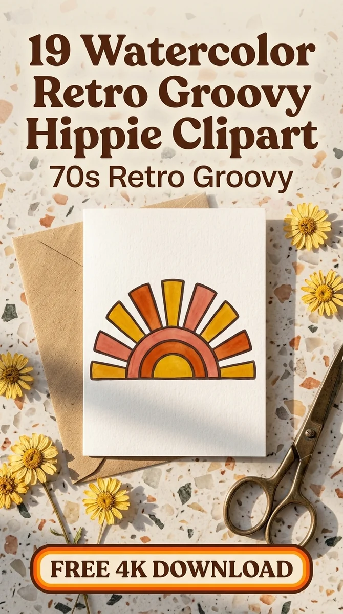 Free Retro Sun PNG | Boho Hippie Aesthetic Sun Clipart — Retro Groovy Clipart | Hippie 70s PNG watercolor clipart