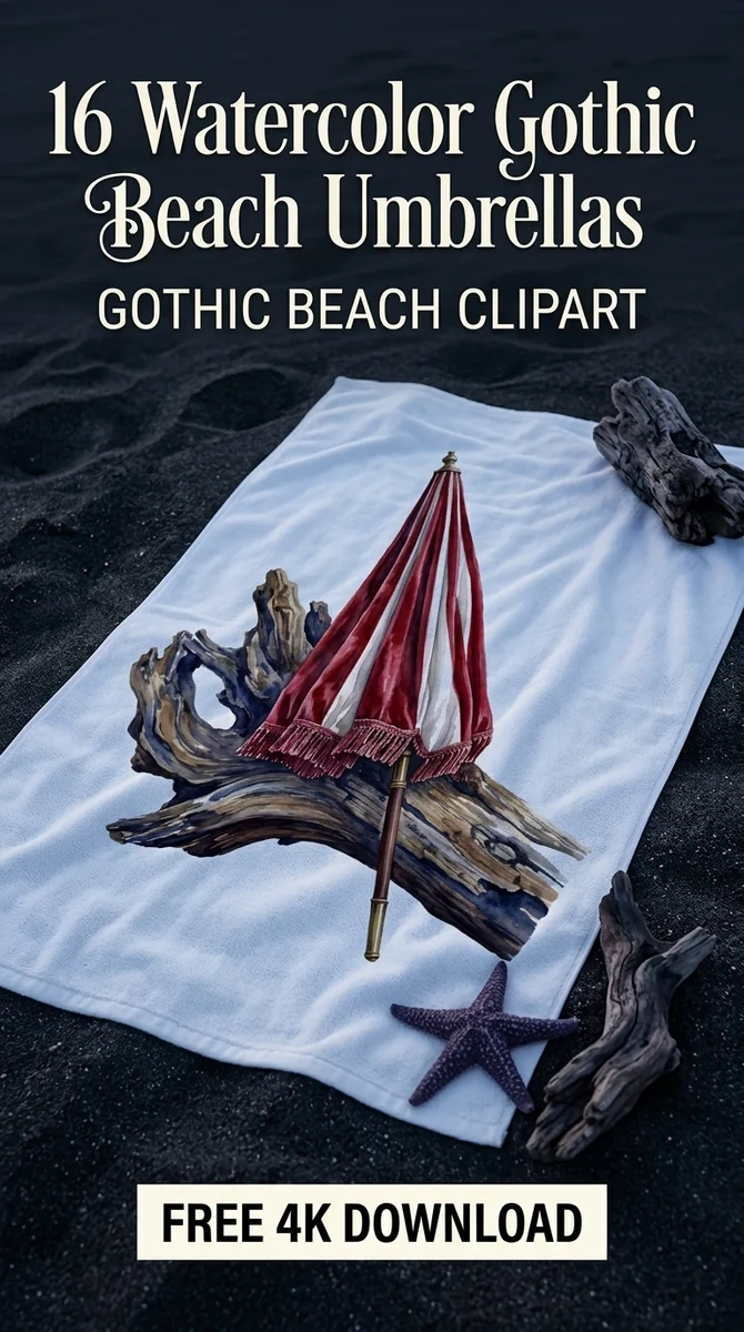 Free Red Striped Beach Umbrella PNG | Vintage Gothic Driftwood Clipart — Summerween Clipart | Gothic Beach PNG watercolor clipart
