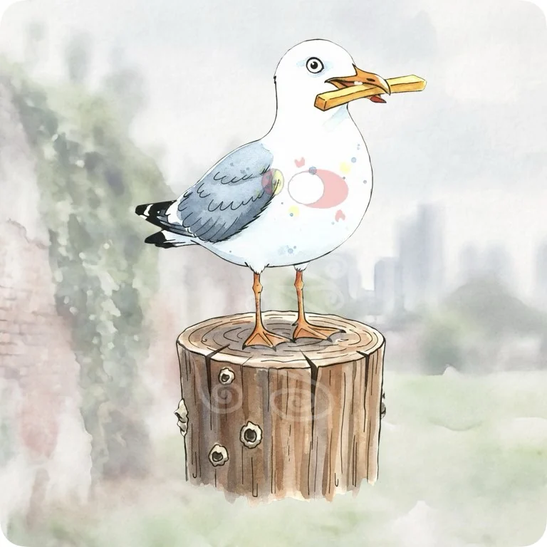 Free Funny Seagull with Fry PNG | Cute City Bird Watercolor Clipart — Urban Wildlife Watercolor Clipart City Animal PNG watercolor clipart