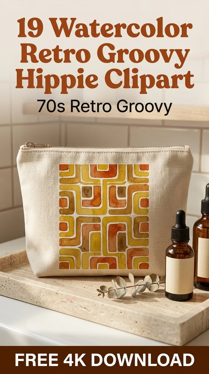 Free Retro Thermos PNG | Vintage 70s Geometric Clipart — Retro Groovy Clipart | Hippie 70s PNG watercolor clipart