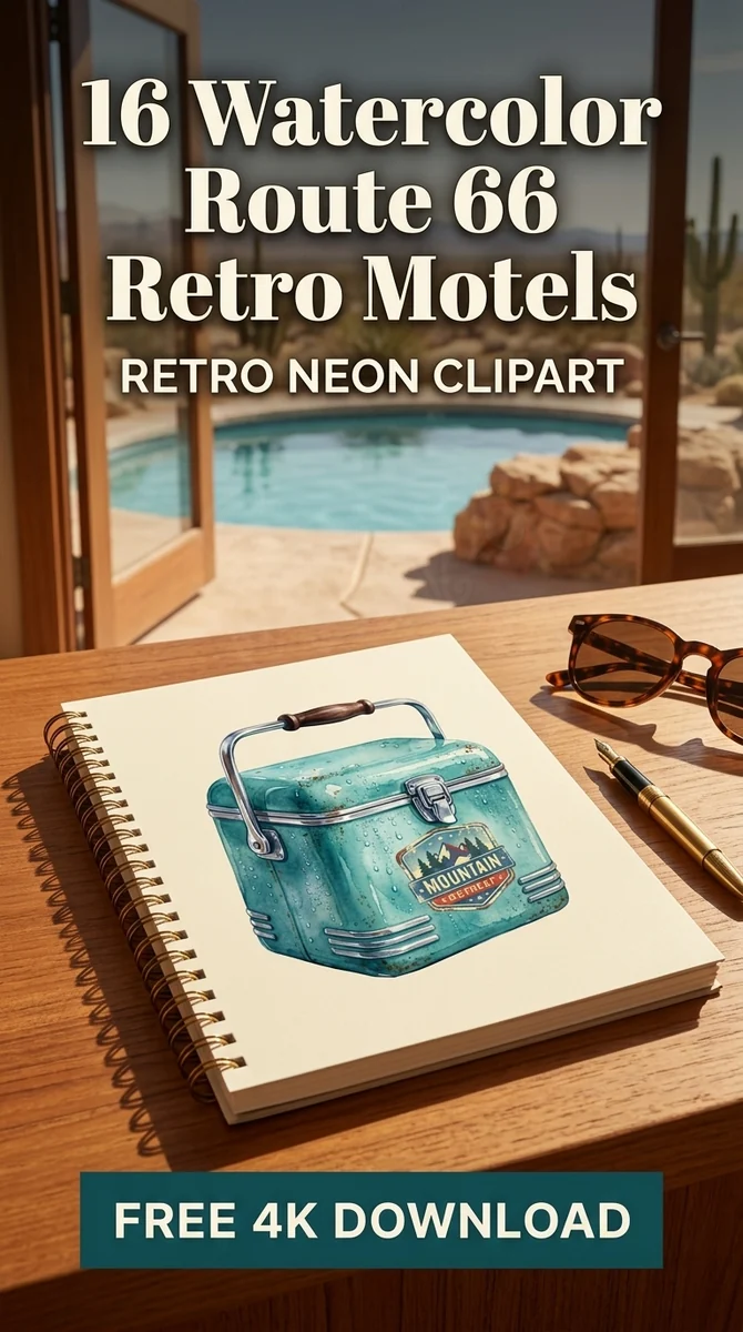 Free Vintage Blue Cooler PNG | Retro Ice Chest Clipart — Route 66 Retro Neon Clipart Mid Century Modern PNG watercolor clipart