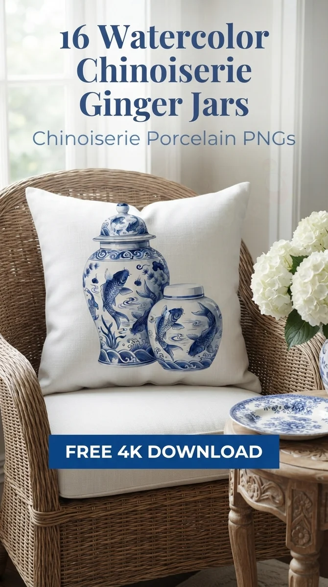 Free Koi Fish Ginger Jar Pair PNG | Chinoiserie Water Art Clipart β Grandmillennial | Chinoiserie Clipart PNGs watercolor clipart