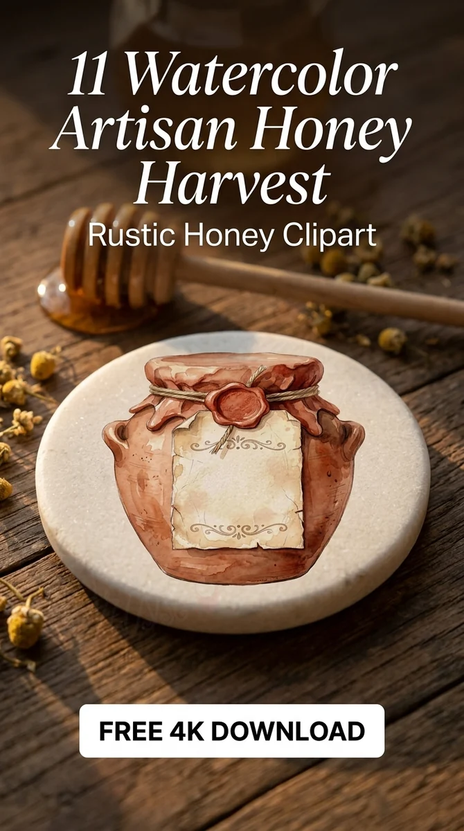 Free Vintage Clay Crock PNG | Rustic Honey Jar Clipart — Cottagecore Honey Clipart | Rustic Watercolor Bee watercolor clipart