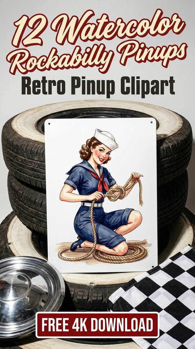 Free Retro Sailor Pin-Up PNG | Nautical Woman Clipart — Rockabilly Pin-Up | Retro Clipart watercolor clipart