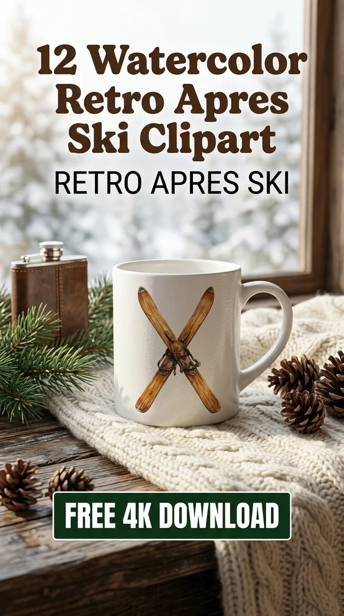 Free Retro Skis PNG | Vintage Apres Ski Watercolor Clipart — Retro Apres Ski Clipart Cozy Winter Watercolor PNG watercolor clipart