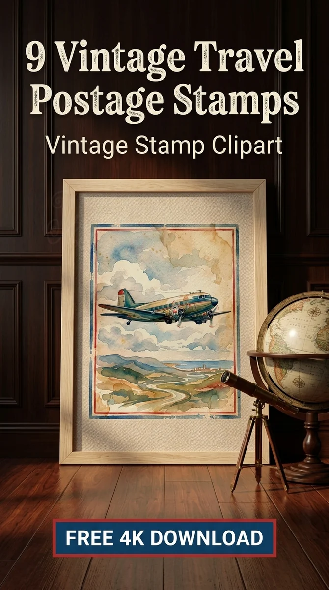 Free Retro Airplane PNG | Vintage Airmail Stamp Clipart — Vintage Travel Ephemera | Postage Stamp Clipart watercolor clipart