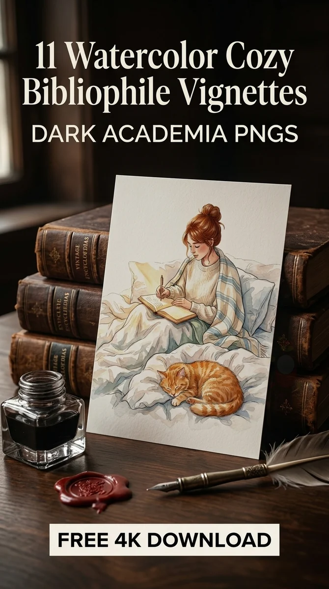 Free Reading in Bed PNG | Cozy Girl and Cat Watercolor Clipart — Cozy Bibliophile Clipart | Dark Academia PNGs watercolor clipart