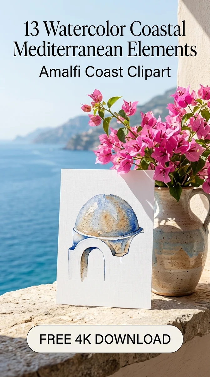 Free Greek Island Whitewashed Dome PNG | Coastal Clipart — Amalfi Coast | Mediterranean Clipart PNG watercolor clipart