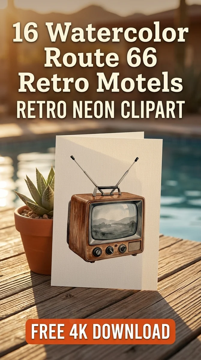 Free Retro TV Clipart PNG | Vintage Television Illustration — Route 66 Retro Neon Clipart Mid Century Modern PNG watercolor clipart