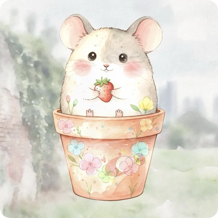 Free Kawaii Mouse in Flower Pot PNG | Cute Watercolor Animal Clipart — Urban Wildlife Watercolor Clipart City Animal PNG watercolor clipart