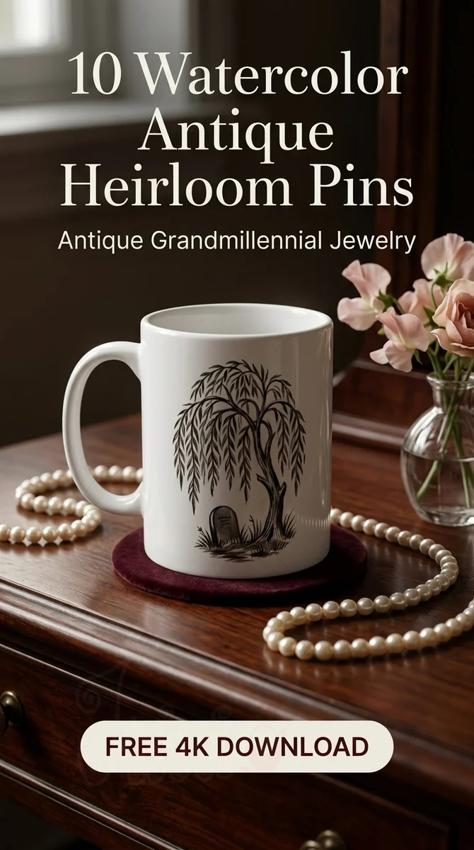 Free Victorian Mourning Pin PNG | Weeping Willow Clipart — Antique Heirloom Pins Clipart watercolor clipart