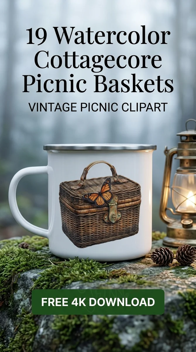 Free Vintage Picnic Basket PNG | Watercolor Butterfly Clipart — Cottagecore Picnic | Watercolor Clipart PNG watercolor clipart