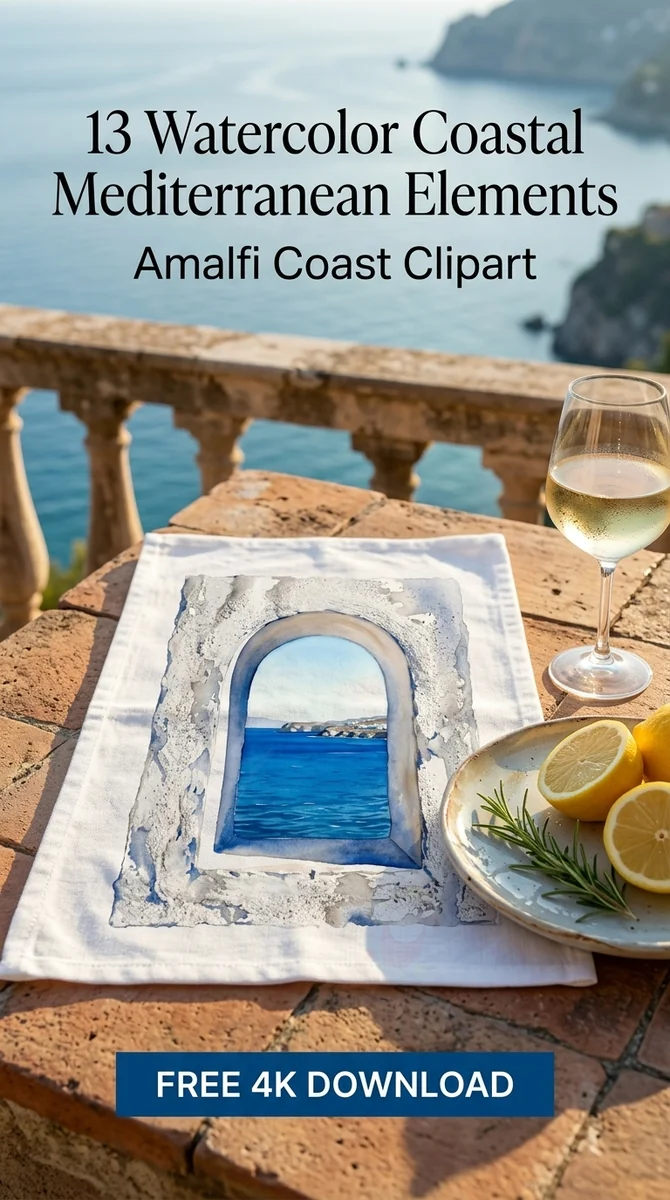 Free Mediterranean Archway PNG | Coastal Sea View Clipart — Amalfi Coast | Mediterranean Clipart PNG watercolor clipart