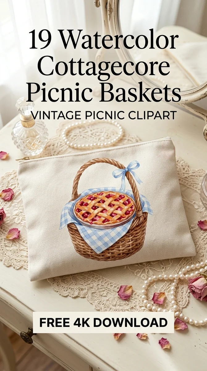 Free Cherry Pie Picnic Basket PNG | Gingham Watercolor Clipart — Cottagecore Picnic | Watercolor Clipart PNG watercolor clipart