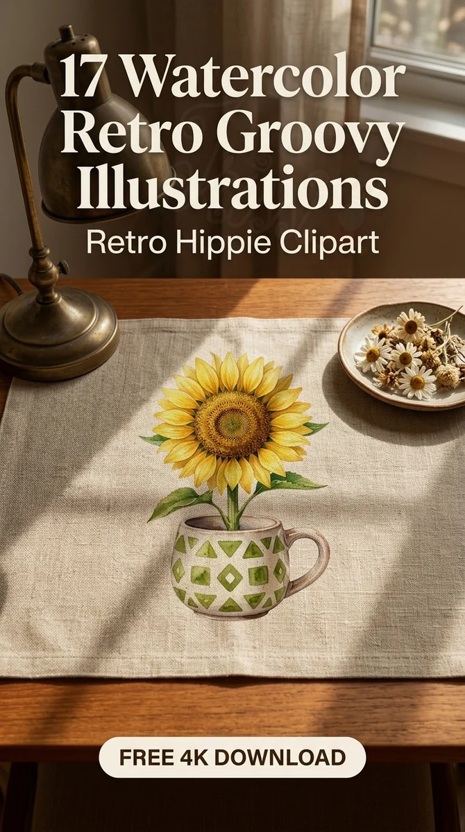 Free Retro Sunflower PNG | Boho Flower in Mug Clipart — Retro Groovy Clipart | Hippie Aesthetic PNG watercolor clipart